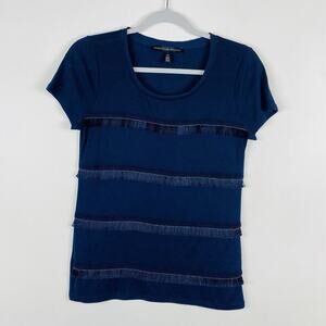 White House Black Market Top XS Navy Blue Fringe Tee T-Shirt Short Sleeve